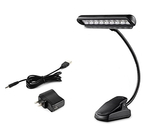 Night Lights, HeQiao Portable 10 LED USB Rechargeable Desk Lamp Flexible Neck Clip-on Music Stand Table Lamps for Piano Bed Book Reading (Powered by AA Battery & AC Adapter)