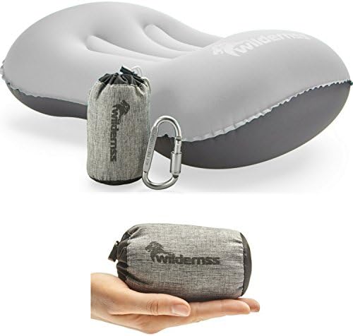 Wildernss Inflatable Camping Pillow + Ultralight Stuff Bag + Screw Locking Carabiner - Excellent Choice for Camping, Travel, Go Bags, Hiking Essentials or Backpacking Gear (Light Gray)