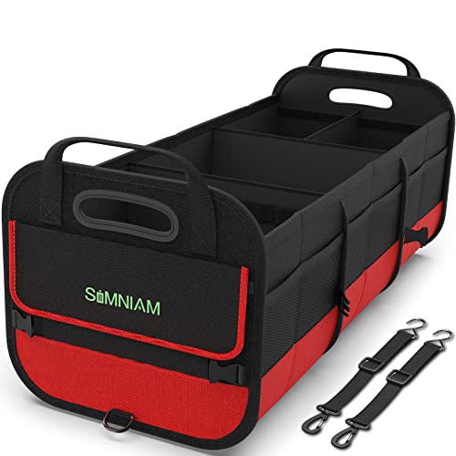 Photo 1 of Simniam Large Trunk Organizer for Car, Collapsible Multi Compartment Car Trunk Organizer with 2 Retractable Straps, Suitable for All Kinds of Cars, SUV, Minivan - 4 Compartments Red