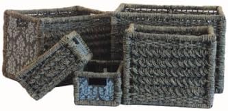 Black Color Seagrass And Wicker/Rattan Construction Baum Baskets With Floral Accent Set of 5, Great For Holding Your Household Items