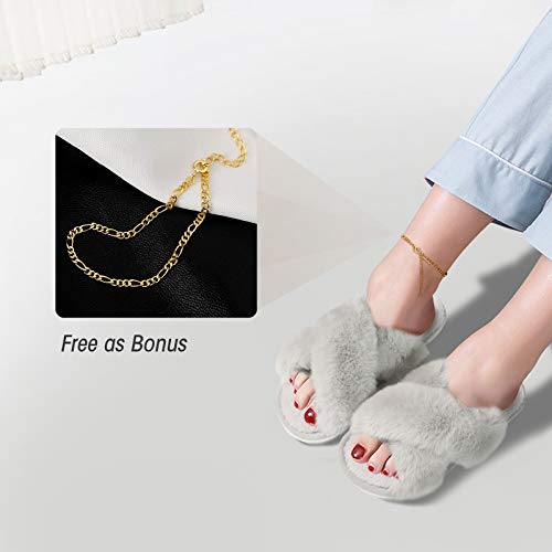 LEACOOLKEY Women Cross Band Slippers, Soft Plush Fleece Slippers, Furry Cozy Open Toe House Shoes, Indoor Outdoor Faux Rabbit Fur Comfy Slippers