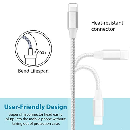 Phone Cable 5Pack 3FT 3FT 6FT 6FT 10FT to USB Syncing Data and Nylon Braided Cord Charger Charging Cable Compatible Phone XS MAX, XR, X, 8, 7, 7 Plus, 6, 6s, 6 Plus, 5, 5c, 5s, SE -Silvergray