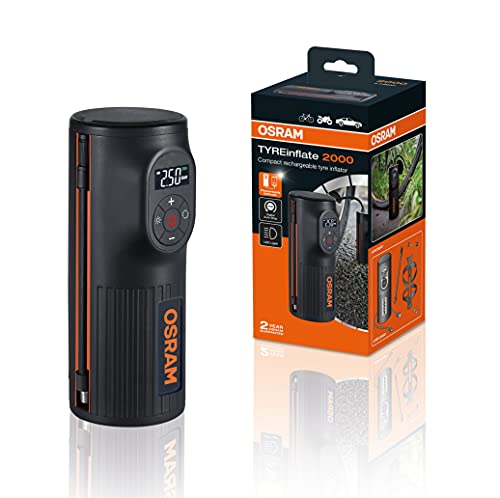 OSRAM TYREinflate 2000, inflador de neumáticos Compacto y Recargable con luz LED, compresor portátil para neumáticos, conexión USB, inflado de neumáticos en 2 Minutos