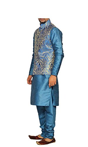 inyour men's silk royel blue gold waiscoat,third blue kurta,third blue pajama set_inyour-tr3031wcp