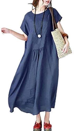 BUYKUD Women Linen Short Sleeve Casual Loose Shift Dress with Pockets (Blue)