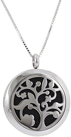 Aromatherapy Locket Necklace with Tree Design Essential Oil Diffuser Pendant in Stainless Steel, 30" Rhodium Plated Sterling Chain, #6373-ss