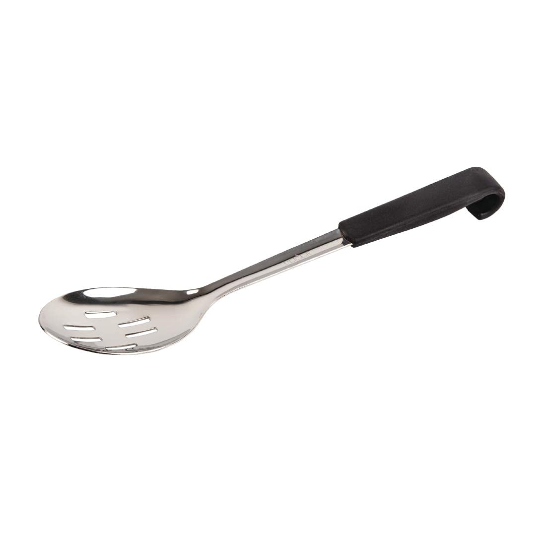 Vogue Professional Black-Handled Large Slotted Serving Spoon | 340mm | Stainless Steel | Perforated | Dishwasher Safe | CS911