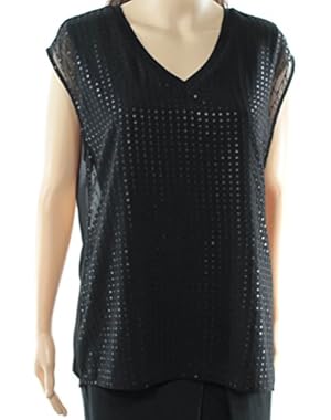 Calvin Klein Womens Medium V-Neck Sequin-Front Blouse Black M