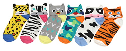 Women's Cool Animal Fun Crazy Socks (Animal Cuffs 6 Pairs) Sock size 9-11, fits shoe 6-9 Multi