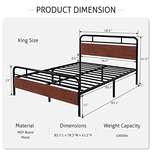 SHA CERLIN Heavy Duty King Bed Frames with Modern Wood Headboard, Metal