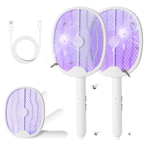 2 Pack Electric Fly Swatter, Foldable Fly Zapper Racket with 180-Degree Rotatable Head and USB-C Rechargeable, Portable Mosquito Bug Zapper Racket for Indoor Home