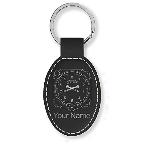 Oval Keychain, Airplane Altimeter, Personalized Engraving Included (Black with Silver)