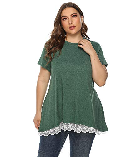 Weilim Women\'s Plus Size XL-4XL Lace Short Sleeve Tunic Tops Casual Round Neck Top Blouses Green 14 Plus