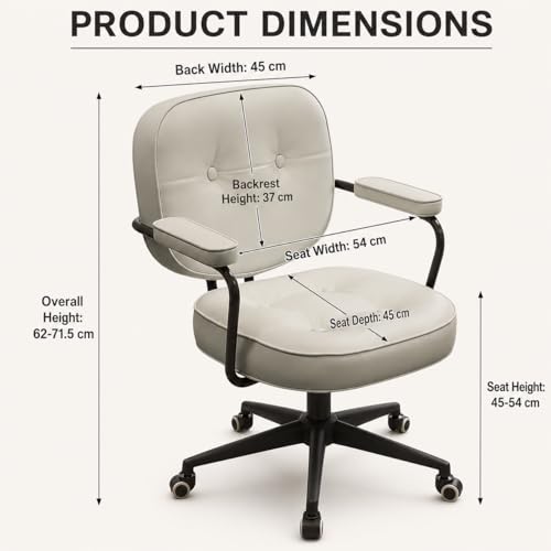 Retro Office Swivel Chair, Height Adjustable Faux Leather Desk Chair with Backrest, Padded Armrests, Tufted Cushion and Rolling Wheels for Home Office, Study Room, Bedroom, Khaki