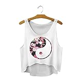 Women Fashion Chinese Symbol with Flower Print White Sleeveless Crop Top
