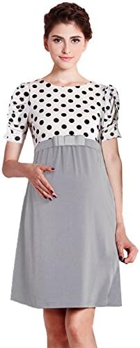Sweet Mommy Maternity and Nursing Polka Dots Bow Waist Dress White, S