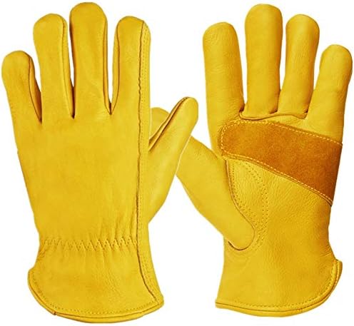 CCBETTER Leather Work Gloves with Tape Wrist Wear Resistant Cowhide Gardening Gloves For DIY,Yardwork,Cutting,Construction,Motorcycle (M, Elastic Wrist)