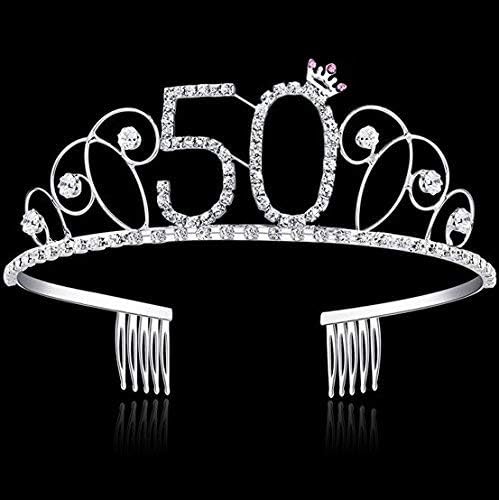 Veewon 50th Birthday Tiara Crown Crystal Princess Crowns Happy Birthday Hair Accessories, Silver - Image 3