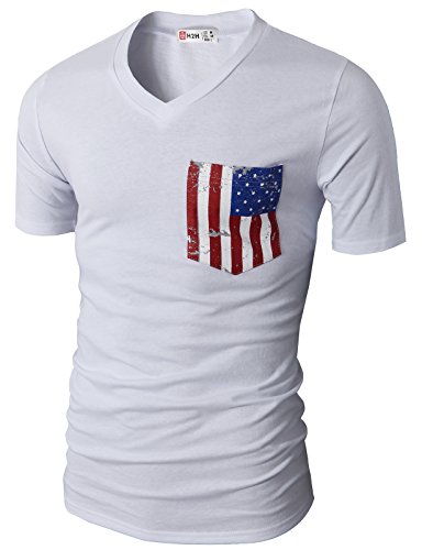 H2H Mens Casual V-neck Short Sleeve T-shirts with American Flag Chest Pockets WHITE US M/Asia L (CMTTS0173)