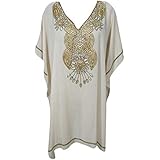 Women's Caftan Dress Top Sequin Beige Georgette Short Dresses One Size