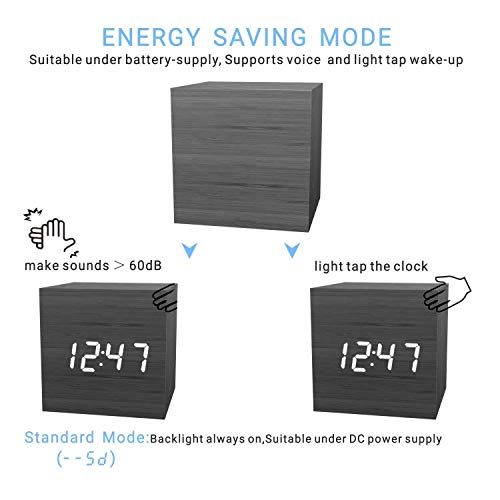 MiCar Digital Alarm Clock, Wood LED Light Mini Modern Cube Desk Alarm