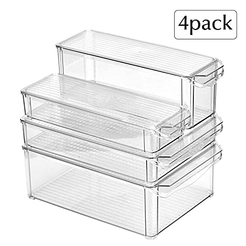 Wuudi Kühlschrank Organizer 4er Set mit Abdeckung, Hochwertig Speisekammer Vorratsbehälter mit Griff, Durchsichtig Aufbewahrungsbox Organizer für Kühlschrank, Schränke -BPA Frei