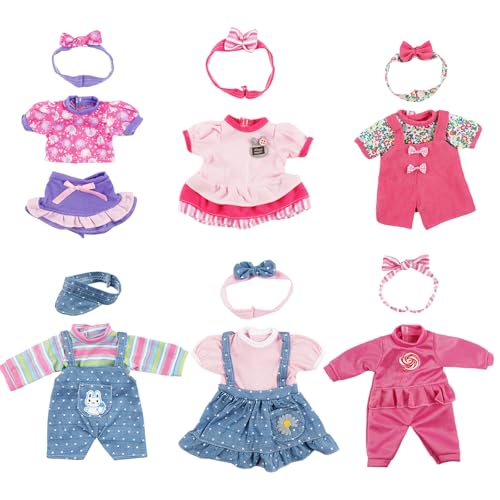 BABESIDE 6 Sets of Baby Doll Clothes for 10-15 Inch Dolls, Bitty Baby Doll Clothes Dolls Accessories - Romper Suit and Skirt for Newborn Babydoll Boy&Girl Kids Gift