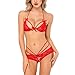 GUIXIU Womens Bridal Lingerie Lace Floral Babydoll Stretch Strappy Set with Cute Bowknot Mesh Thong Red