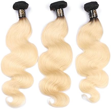 100% Human Hair Extensions Ombre 1b 613 Blonde Human Hair Bundles Dark Root Brazilian Body Wave Hair Weave One Piece 100gram(14inch, 1B/613)