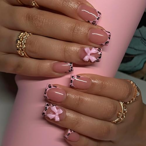 Short Press Leopard French Tip False Nails with Pink Glossy Bow Design - Glue on Nails Full Cover Stick on Nails - 24Pcs