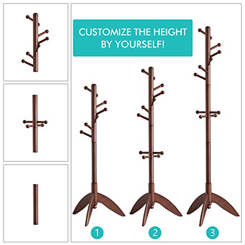 Vlush Rubber Wood Coat Rack Free Standing, 11 Hooks Hallway/Entryway