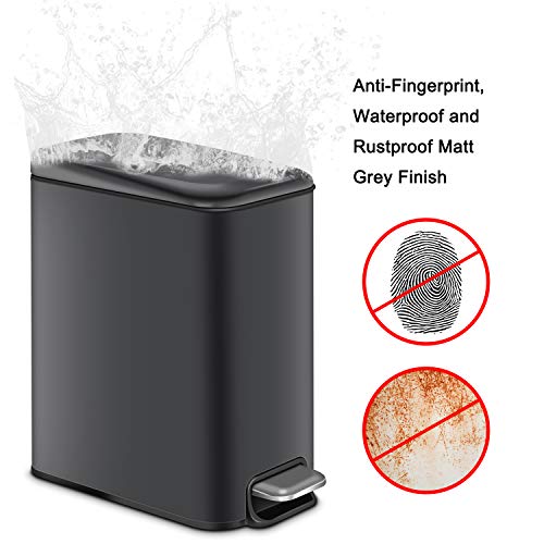 H+LUX Rectangular Bathroom Trash Can with Lid Soft Close, Small Trash Can with Removable Inner Wastebasket, Anti-Fingerprint Matt Finish, 5L/1.3Gal, Gray