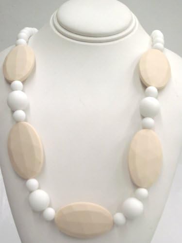 Chewable Teething Necklace for Teething Babies or Nursing Moms. Strand of 9mm White Beads with 5 Faceted 25 X 40mm Beige Oval Beads Alternating with White 9mm and 14mm Beads. Soft Silicone Food Safe Beads. BPA Free Non Toxic. Gift Box Included for Easy Gift Giving