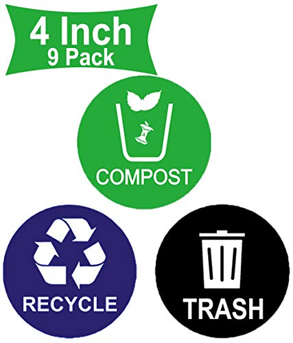 Well Tile Recycle Sticker Trash Bin Label Compost Sign Decal 9 Pack - 4" X 4" - Waterproof Organize & Coordinate Garbage Waste from Recycling - for Metal or Plastic Trash Cans (4 inch 9 Pack)