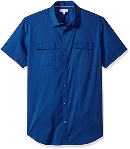 Calvin Klein Men's Short Sleeve Stretch Poplin Military Button Down Shirt, Serene Blue, LARGE