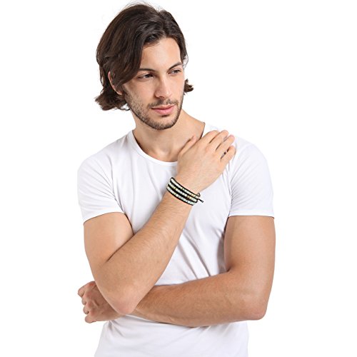 MOWOM Multicolor Alloy Genuine Leather Bracelet Bangle Cuff Rope Simulated Amazonite Stone Bead 3 Wrap Adjustable