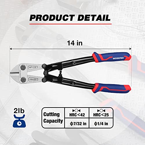 WORKPRO 14-Inch Bolt Cutter, Tri-Material Handle with Comfort Grip, Chrome Molybdenum Steel Blade, for Rods, Bolts, Rivets, Wires, Cables and Chains