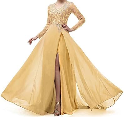 Promshow Elegant Long Sleeve V-Neck Chiffon Formal Dress Handmade Lace Beaded Long Evening Dress Size 16 Yellow