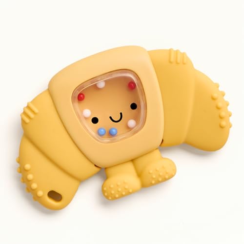 Itzy Ritzy Silicone Rattle Teether– BPA-Free Silicone Teether with Rattle for Babies & Toddlers – Features a Gentle Rattle Sound, Colorful Beads & Multiple Textures (Croissant)
