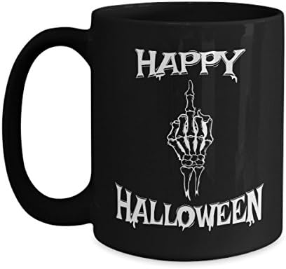 Halloween Coffee Mug Gift Idea For Women Men - Happy Halloween Skeleton Hand Black 15oz Ceramic