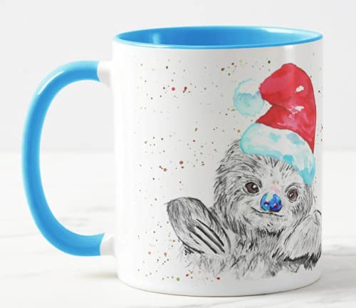 Vixar Christmas Sloth Watercolour Rainbow Art Coloured Mug Cup, Gift, Work, Office, Christmas Tea Coffee (Blue)