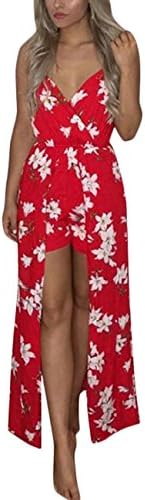 Kbook Womens Sleeveless V-Neck Floral Print Split Beach Party Maxi Romper Jumpsuit Dress