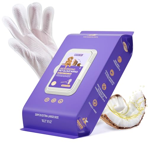 HICC PET Cleaning Deodorizing Glove Wipes for Dogs & Cats, Vet Recommended Hypoallergenic Hydrating & Nourish Fur Pet Grooming Glove Wipes, Pet Bathing Wipes for Horse Coat Care, 20pcs Coconut Scent