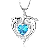 Sterling Silver Double Dolphin with Light Blue CZ Heart Pendant Necklace, Jewelry for Women, Girl, 18