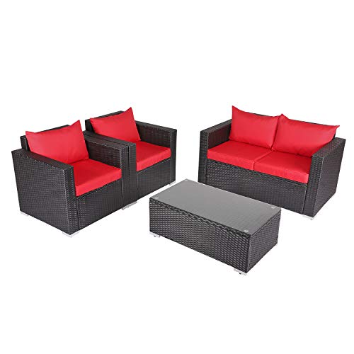 Kinbor 4 PCs Rattan Patio Outdoor Furniture Set Garden Lawn Sofa Sectional Set Black (Red)