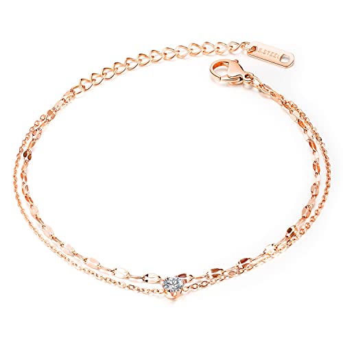 DS Simple Charm Anklet for Women，14k Rose Gold plating Beach Dainty Cute Tiny Adjustable Stainless steel ankle bracelets Personalized Foot chain Jewelry Gifts for Mom Wife
