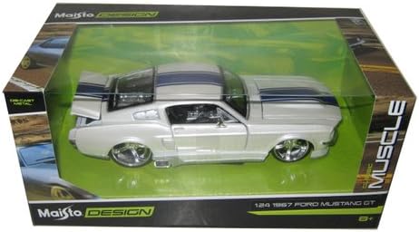 New 1:24 W/B CLASSIC MUSCLE - WHITE 1967 FORD MUSTANG GT WHITE WITH BLUE STRIPES Diecast Model Car By Maisto