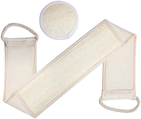 FIXBODY Exfoliating Loofah Back Scrubber (27 x 3.2 In) and Loofah Pad (Dia. 3.9 In) - 2 IN 1, Deep Clean, Natural Luffa Scrubbing Sponge for Shower and Bath Spa - Men and Women