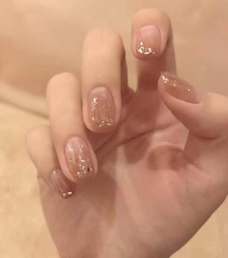 Vatocu Square False Pink Glitter Nails - Short French Gold Foil Press-On Acrylic Stick-On for Women and Girls (24pcs)