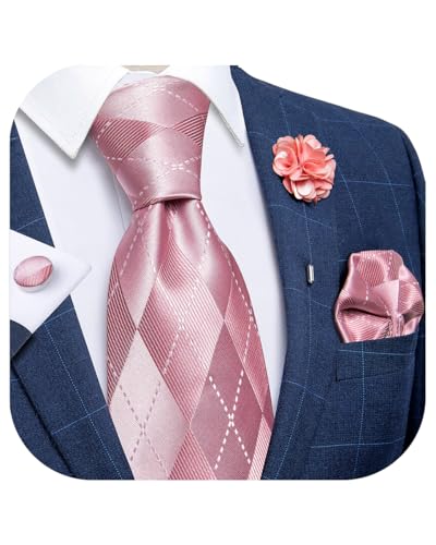 DiBanGu Silk Ties for Men Necktie and Lapel Pin Brooch Set Formal Woven Paisley Plaid Striped Solid Tie Wedding Party, Pink Plaid, One size